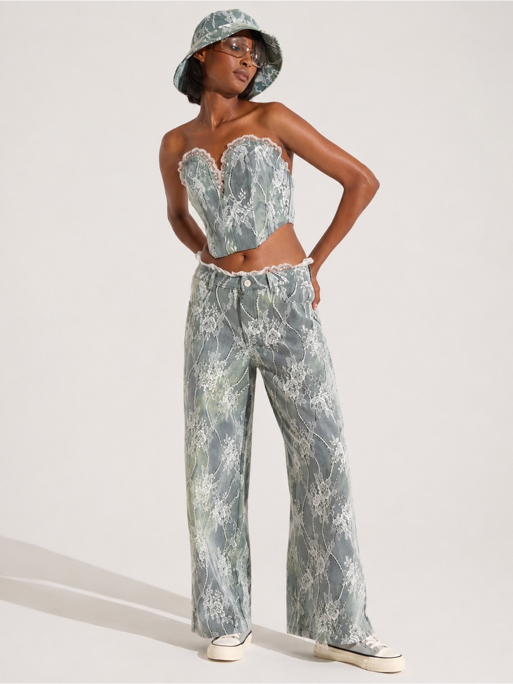 AKIRA Sage Green Lace Straight Leg Jeans
